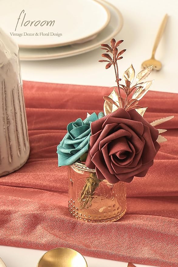 Floroom Artificial Flowers 25pcs Real Looking Teal Green Terracotta Ombre Colors Foam Fake Roses with Stems for DIY Wedding Bouquets Bridal Shower Centerpieces Floral Arrangements Tables Decoration
