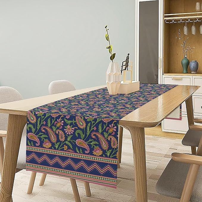 Colorful Paisley Floral Table Runner, Vintage Pink Purple Flowers Green Plants Leaves Print Table Runner for Kitchen Dining Table Indoor Outdoor Home Party, 13x60inch
