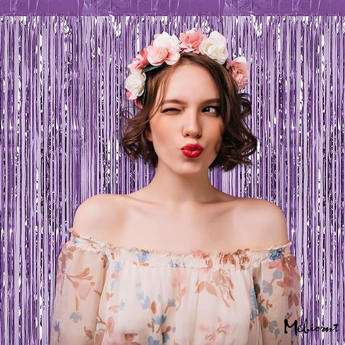 4 Pack Light Purple Fringe Curtain Backdrop, 3.2Ft x 6.6Ft Metallic Tinsel Foil Fringe Streamers Curtains Background for Photo Booth Birthday Baby Shower Party Thanksgiving Christmas Decorations