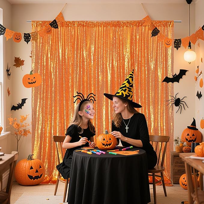 Poise3EHome 6FT x 8FT Orange Sequin Photography Backdrop Curtain for Halloween Party Decoration