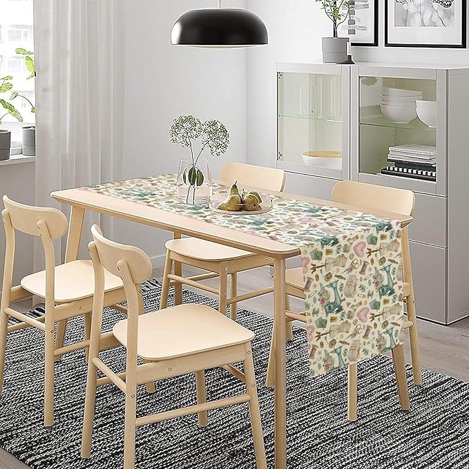 Sewing Theme Table Runner,Vintage Sewing Machine Tool Watercolor Pattern Print Tablecloth Burlap for Hotel Indoors Outdoor Dining Room Kitchen Home Decor,W13X L70 in