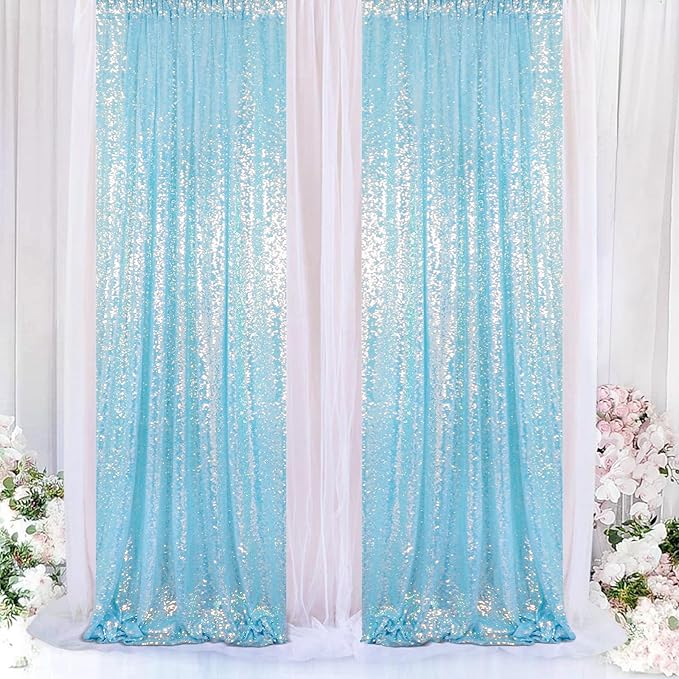 ShinyBeauty Aqua Backdrop Curtains Sequin Curtains 2 Panels 2FTx8FT Sequin Photo Backdrops Glitter Fabric Backdrop Aqua Blue Backdrops Wedding Birthday Parties Backgrounds（Iridescent Aqua）