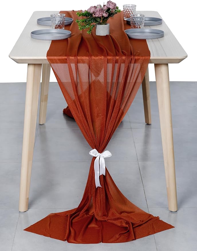 MDS Halloween Chiffon Table Runner - 12 Pack, 29 x 170 Inches, 14ft Each - Sheer Spooky Table Runners for Haunted House Parties, Trick-or-Treat Tables, Witchy Décor, Wedding & Events - Terracotta