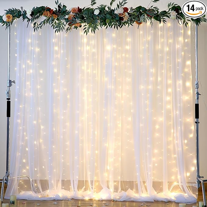 White Backdrop Curtains with Lights String for Wedding Parties 10×10ft Sheer Tulle Backdrop Curtain for Bridal Shower Baby Shower Birthday Party Photo Shoot Background Decorations(2 Panels 10ft×10ft)