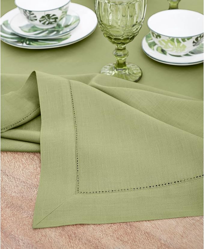 Solino Home Linen Tablecloth 60 x 144 Inch - Classic Hemstitch 100% Pure Linen Moss Green Table Cloth for Rectangle Tables - Machine Washable Tablecloth for Fall, Autumn, Thanksgiving