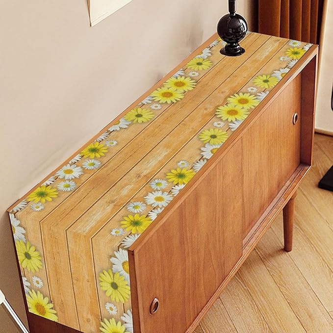 Farmhouse Floral Table Runner, Spring Seasonal Yellow Daisy Sunflower Retro Wooden Country Table Center Decor for Home Kitchen Dining Patio Holiday Party Table Decorations, 13"x108" Inch