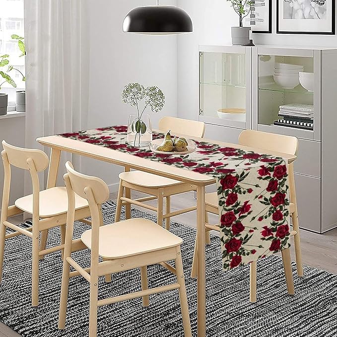 Rose Table Runner, Retro Red Rose Flowers Green Leaves Valentine's Day Kitchen Dinning Table Runner for Indoor Outdoor Home Wedding Party Holiday, 13x70 Inch