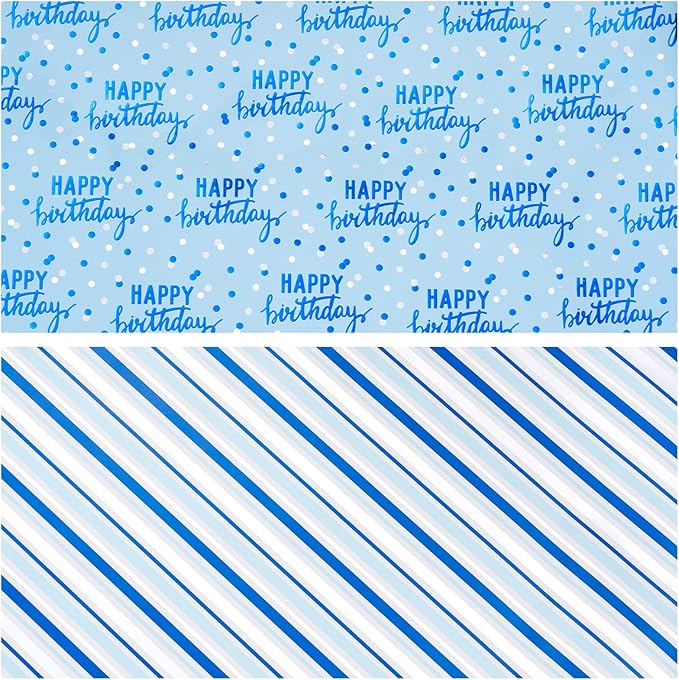 LeZakaa Reversible Blue Birthday Wrapping Paper Roll for Boys Men, Happy Birthday Lettering & Stripe Pattern with Metallic Foil in Blue, Mini Roll, 17 inches x 32.8 Feet (46.45 sq.ft.)