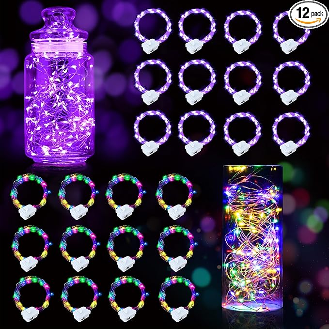 pozzolanas 24 Pack 7ft Waterproof LED Fairy Lights - Battery Operated String Lights with 20 LEDs for Home, Mason Jar, Party, Wedding, Halloween, Christmas Decorations (12 Multicolor & 12 Purple)