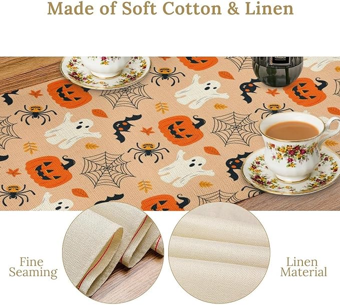 Halloween Table Runner,Cute Ghost Pumpkin Leaves Table Runner for Kitchen Dining Table Decoration Home Party Decor 13x36 Inch