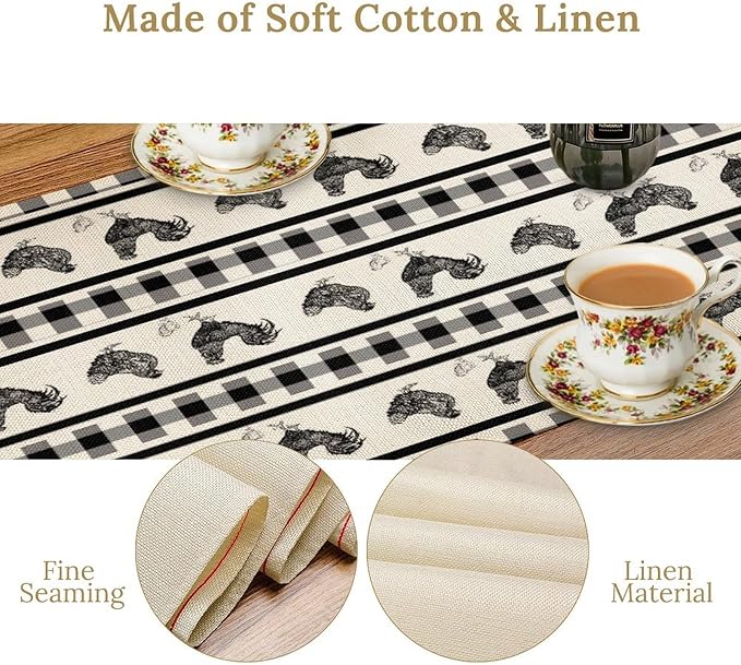 Rooster Table Runner,Farmhouse Animal Vintage Chicken Black White Plaid Check Tablecloth Burlap for Hotel Indoors Outdoor Dining Room Kitchen Home Decor,W13X L70 in