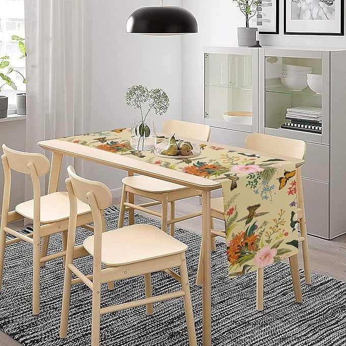 Brown Bird Floral Table Runner Spring Flower Kitchen Table Decoration Suitable for Family Dinner Decoration 13x108 Inch