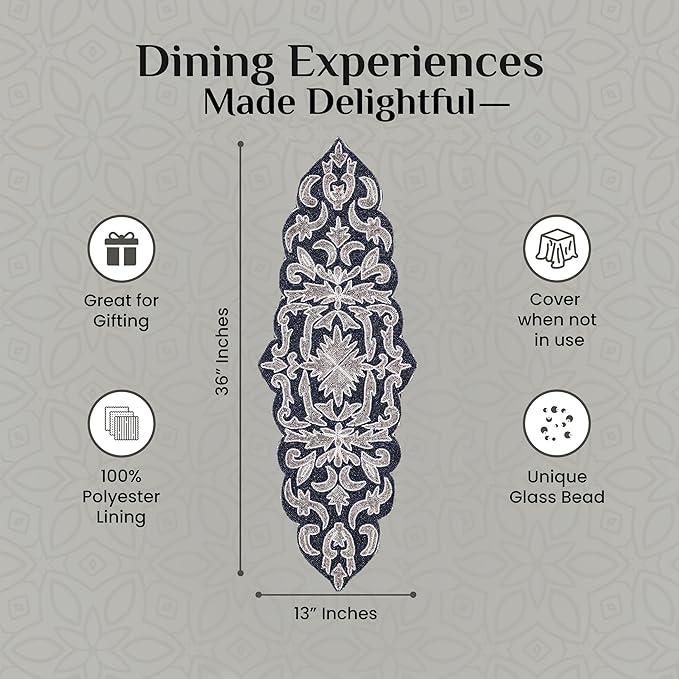 Decorative Beaded Table Runner - 36" Glass Beads & Polyester Table Runner Ideal for Dining, Décor, Luxury Table Centerpiece for Weddings, Holidays & Modern Home Accents (Blue Silver) - CLEENTABLE