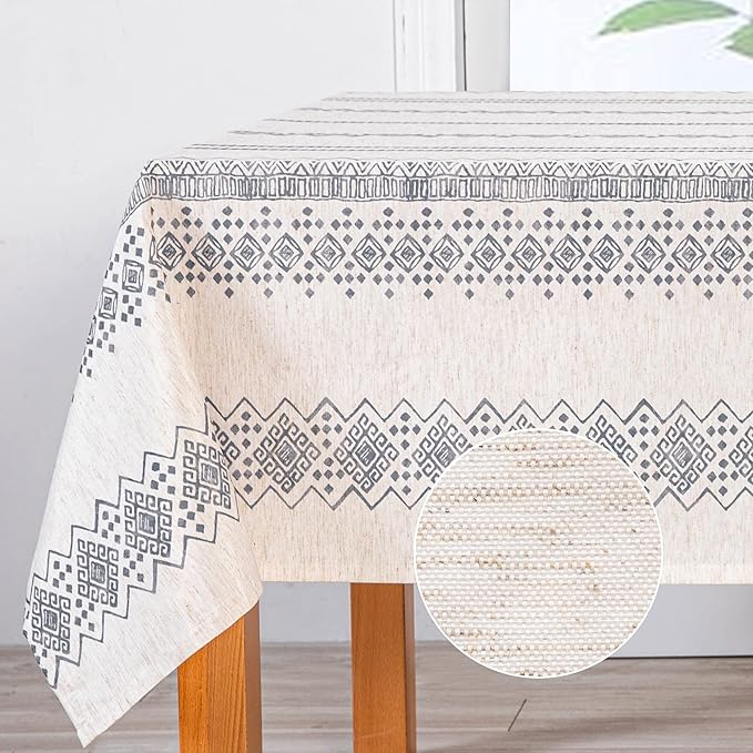 MYSKY HOME Boho Rectangle Tablecloth - Linen Fabric Table Cover - Farmhouse Decoration - 60x102 Inches - Waterproof Classic Bohemian Tablecloth for 6 Feet Table, Indoor and Outdoor Use, Grey