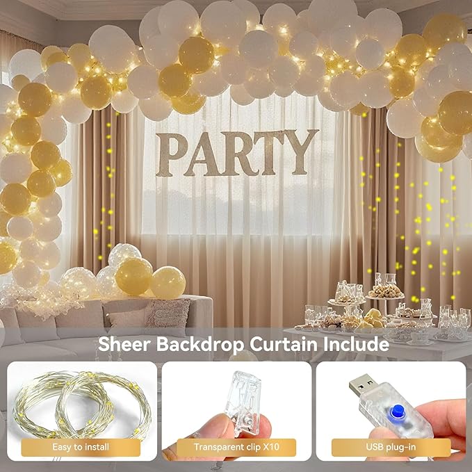 10×8ft Tulle Backdrop Curtains with Lights String - 300LED Fairy Lights Sheer Curtain Backdrop for Weddings Baby Shower and Birthday Party Decorations(6 Panels 5×8ft)