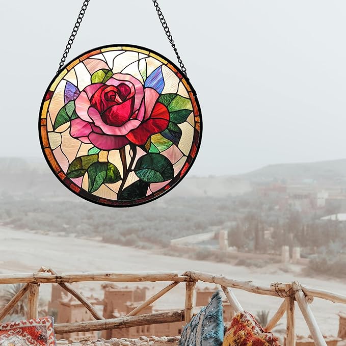 Stained Glass Window Hanging - Pink Rose Suncatcher for Door Garden Home Decor Birth Flower Sun Catcher Christmas Birthday for Friend Lovers Women Mom Nana 7.8 in
