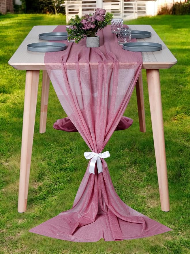 MDS 25 Pack 10ft Chiffon Table Runner 29 x 120 Inches Sheer Wedding Runner Romantic Rustic Table Runner for Wedding Decorations, Birthday Parties, Bridal Shower Party Arch Decor - mauva