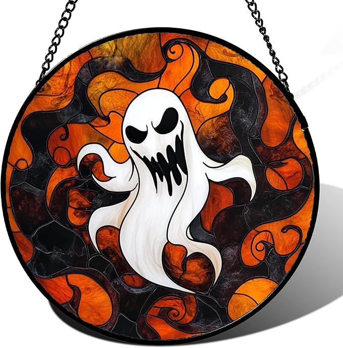 Stained Glass Window Hanging - Halloween White Ghost Suncatcher for Doors Window Garden Indoor Spooky Funny Orange Sun Catchers Gothic Decor Horror Gifts for Women Men Friend 7.8 in