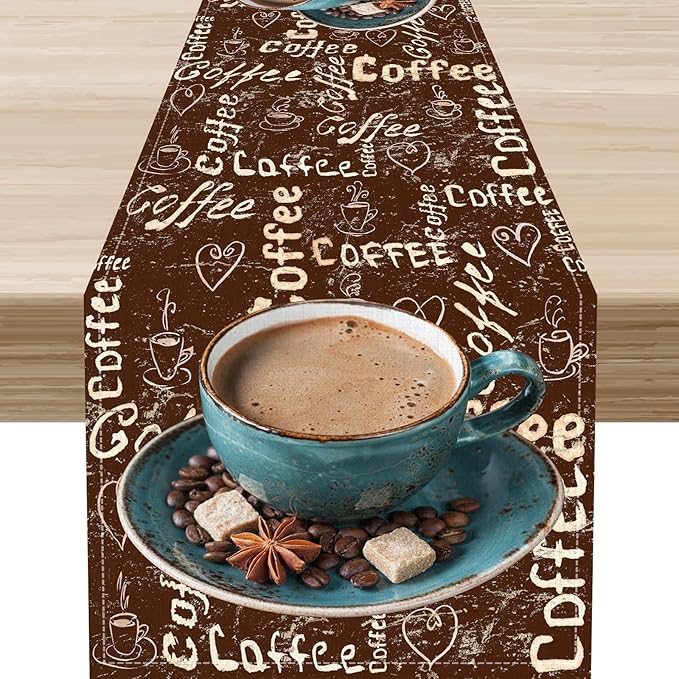 Coffee Theme Table Runner, Farmhouse Retro Brown Coffee Cup Tea Party Rustic Cafe Table Center Decor for Home Kitchen Dining Patio Holiday Party Indoor Outdoor Table Decorations,13"x36" Inch