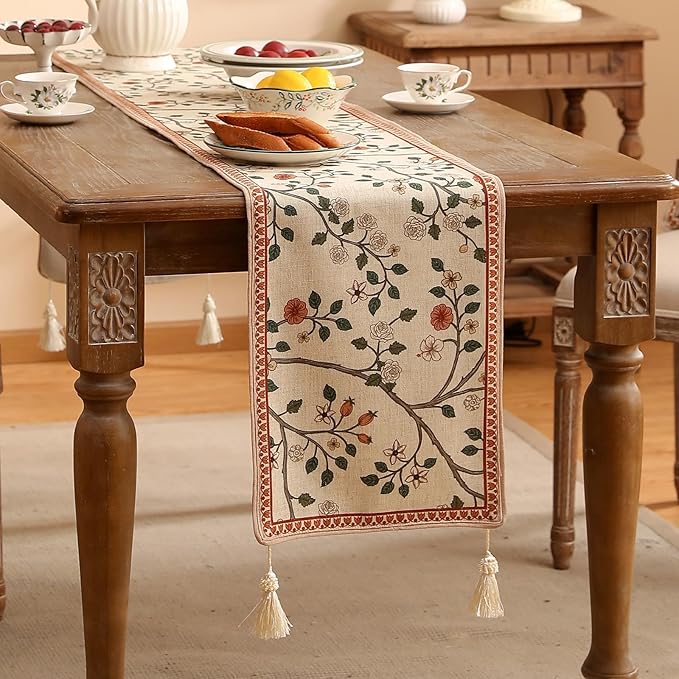 ISAENNE Designer Elegant Linen Floral Table Runner 102 Inches Long,Farmhouse Light Beige Durable Decor Table Runners for Dining Tables,Thanksgiving,Kitchen Tables,Christmas,12"*102"-Flora A