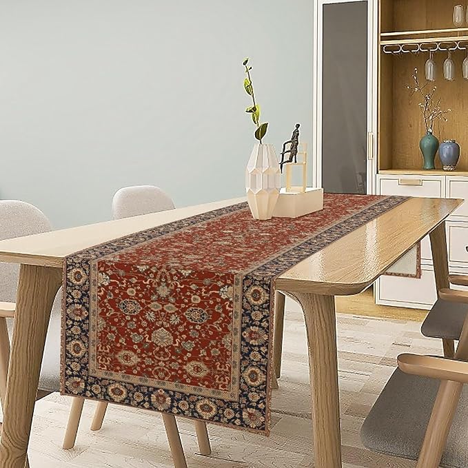 Boho Floral Vintage Red Blue Table Runner, Retro Flower Rustic Country Farmhouse Abstract Pattern for Home Kitchen Table Decor Dining Coffee Room Party Decor 13x108in