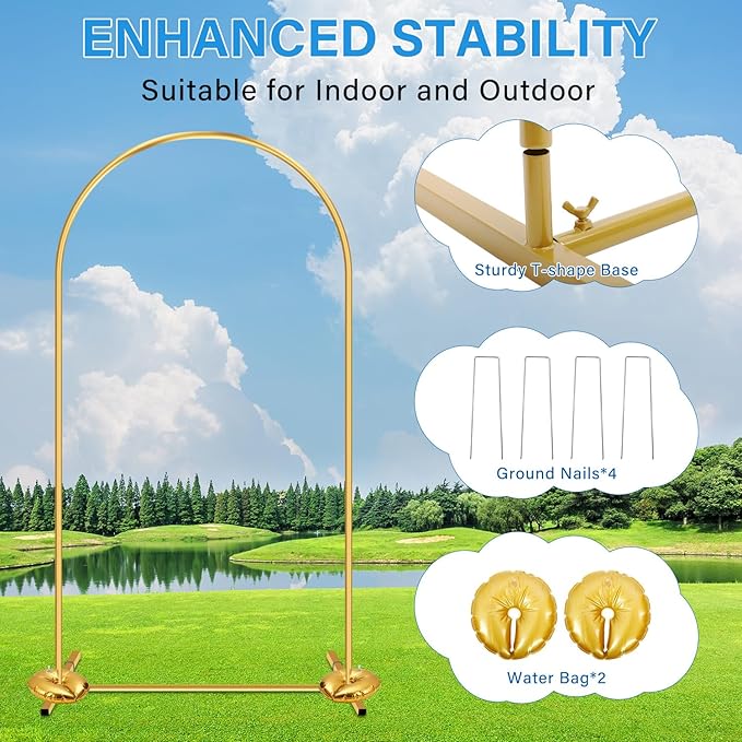 Heavy Duty Metal Arch Backdrop Stand, 6.6FT Stable Gold Arch Stand with Ground Stakes and Water Bags, Balloon Arch Stand for Wedding Party Baby Shower Photo Flower Arch Decration (6.6FT)