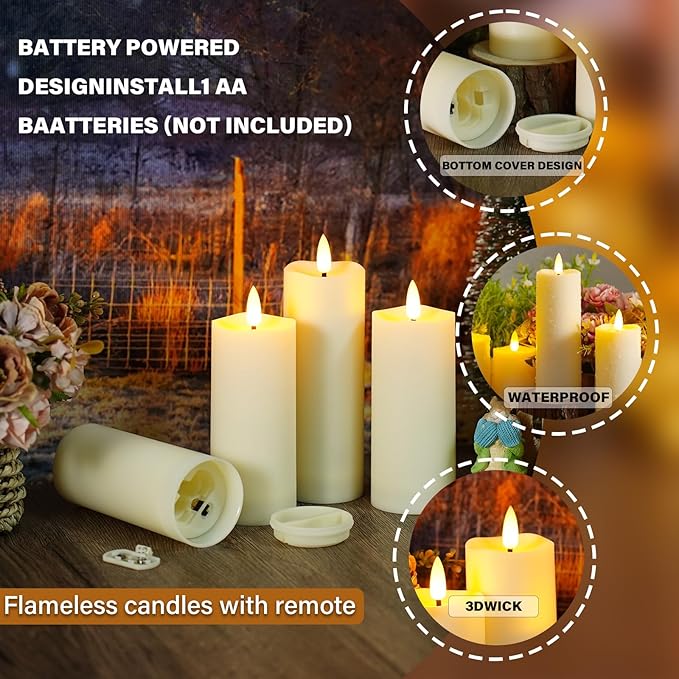 Plastic Waterproof Outdoor flameless Candles, LED Candles, with Remote Control and Timer, Battery-Powered Candles, Suitable for Camping, courtyards and Home Decoration,Set of 9（Ivory）