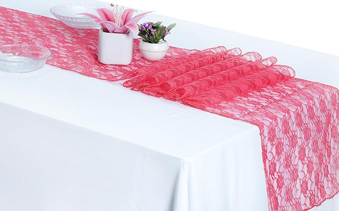 MDS Pack of 25Wedding 12 x 108 inches Lace Table Runner for Wedding, Decorations for Birthday Parties, Banquets, Graduations, Engagements, and Runners fit Rectangle, Round Table- Coral