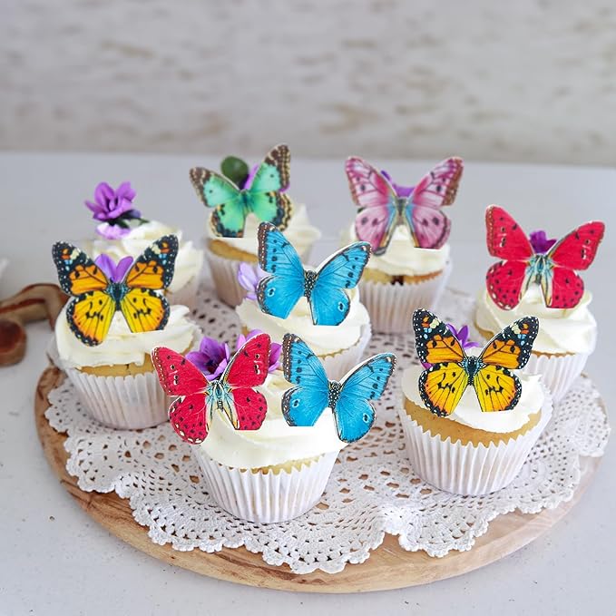 Ephlyn 48Pcs Edible Butterfly Cupcake Toppers 3D Mixed Color Cake Picks 3D Butterfly Cake Decorations for Baby Shower Boys Girls Birthday Party Decoration Supplies Colorful