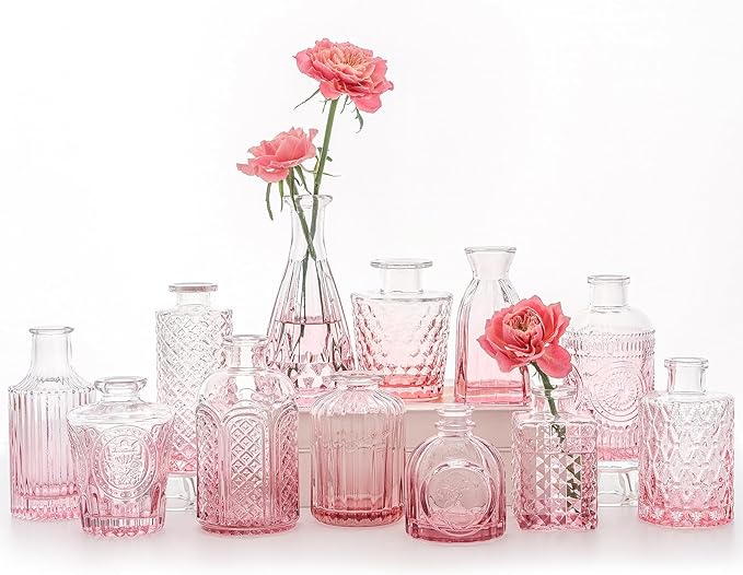 12Pcs Glass Bud Vase Set, Small Flower Vase for Centerpieces, Pink Bud Vases in Bulk, Mini Vintage Vase for Rustic Wedding Decorations