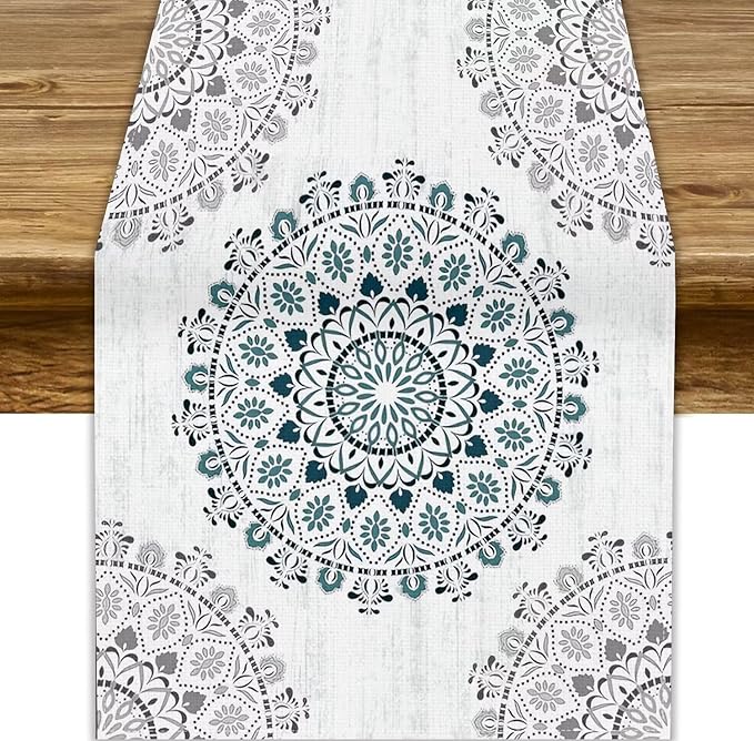 Boho Flower Table Runner, Bohemian Turquoise Mandala White Teal Floral Kitchen Dining Table Runners for Indoor Outdoor Home Party Holiday Decor, 13x70inch