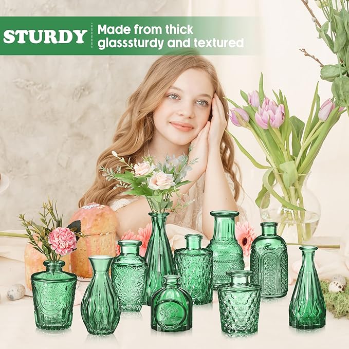 20 Pcs Glass Bud Vase Set Small Vintage Flower Vase in Bulk for Centerpieces Rustic Decorative Glass for Wedding Table Home Christmas Decoration (Grass Green)