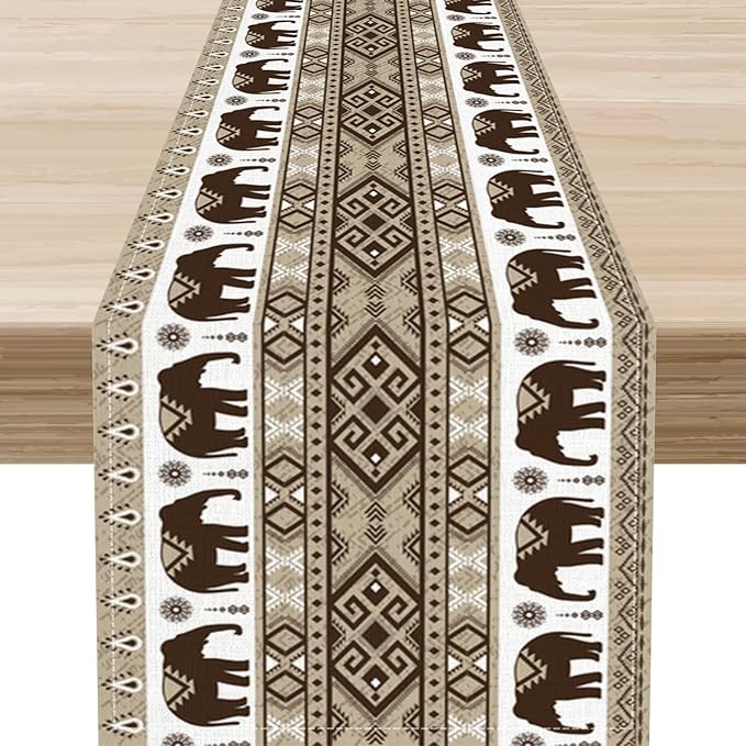 Ethnic Table Runner, Rustic Farmhouse Boho Indian Bohemian Elephant Aztec Tribal Print Beige Table Center Decor for Home Kitchen Dining Patio Holiday Party Indoor Table Decorations, 13"x72" Inch