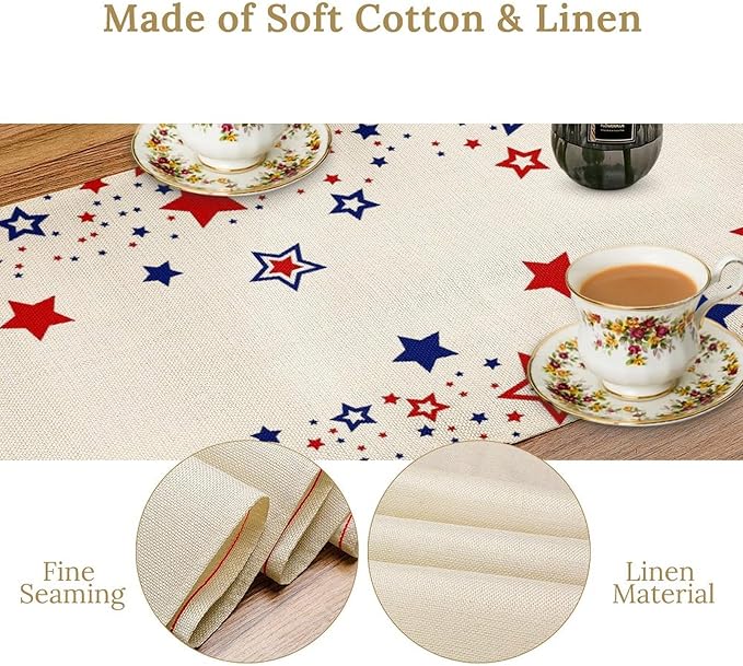 4th of July Table Runner, American Stars Patriotic Independence Day Table Runner for Indoor Outdoor Party Home Kitchen Dining Table Decor, Blue Red, 13x90inch
