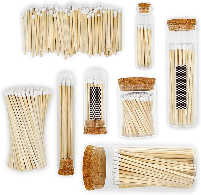 2" Matches in 6 Glass Bottles Cork Top, Striker Stickers Included | 120 Matchsticks Color of Your Choice | Decorative Safety Matches w/Small Glass Holder | Gifts & Home Decor by Thankful Greetings