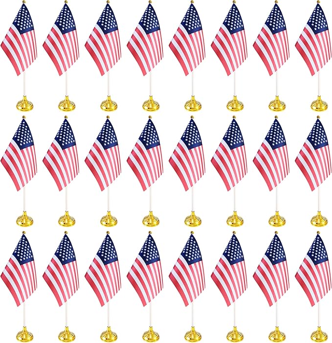 24 Pack USA US Desk Flags,Small Mini American Deluxe Table Flags Set with Stand Base，8.2 x 5.5 inches Miniature Desktop Flag