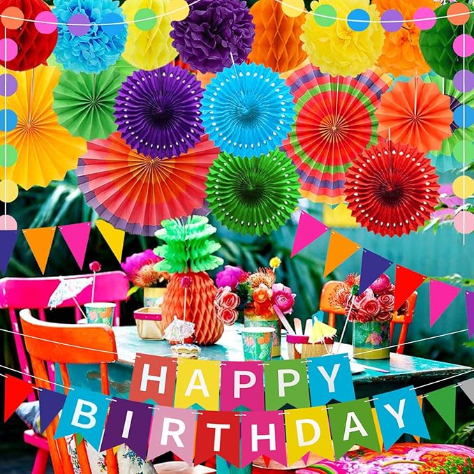 Colorful Birthday Decorations - Mexican Fiesta Party Decorations with Happy Birthday Banner, Paper Fans, Paper Pom Poms,Dots Garland, Pennant Banner, Honeycomb Balls Packs