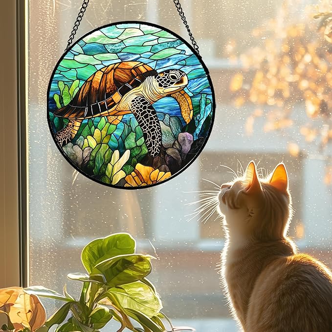 Stained Glass Window Hanging - Cute Sea Turtle Suncatcher for Door Garden Yard Blue Ocean Sun Catchers Decor Christmas Mother's Day Birthday Children's Gifts for Women Mom Nana Friend 15 in