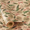 RUSPEPA Kraft Christmas Wrapping Paper Roll, Mini Roll, Pinecone and Greenery Design with Red Bow and Snowflake, Kraft Gift Wrap Paper for Christmas, Holiday, Winter Party, 17 Inches x 16.4 Feet