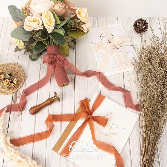 Ribbli Fall Chiffon Silk Ribbon 1Inch x 24 Yard Champagne/Terracotta/Rust Red Fringe Chiffon Fall Ribbon for Wedding Invitations, Bridal Bouquets Wrapping, Flower Arrangement Decoration
