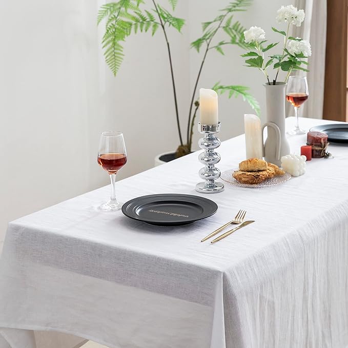 EVERLY 100% Pure Linen Rectangle Tablecloths 60x144Inches for Dining, Buffet Parties, Picnic,Events, Weddings and Restaurants, Decorative Halloween, Thanksgiving Machine Washable Tablecloths-White