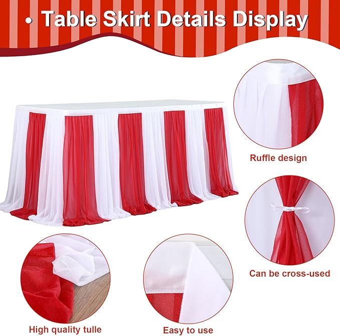 Reb and White Striped Table Skirt for Rectangle Tables or Round Tables for Carnival Circus Party 14ft Tulle Tutu Table Cloths Cover for Birthday Party Baby Shower Table Decorations