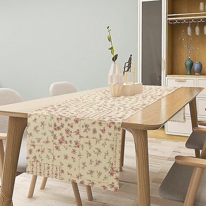 Floral Table Runner, Watercolor Rose Flower Kitchen Table Decoration Vintage Spring Home Tablecloth for Birthday Party Picnic Decoration 13x60 Inch 1PCS