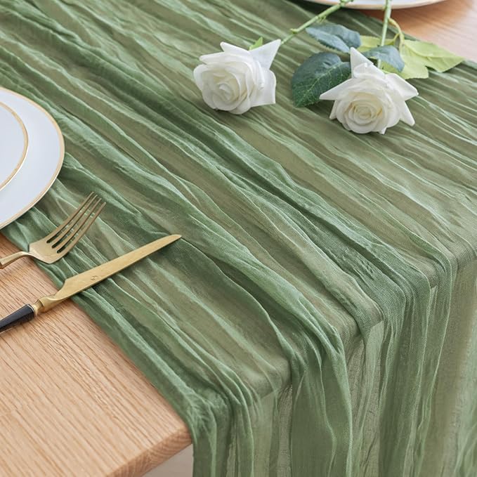 Asee'm Cheesecloth Table Runner 120 Inches Sage Green Boho Gauze Cheese Cloth Runner 10FT Rustic Sheer Fall Table Runners for Thanksgiving Wedding Baby Shower Holiday Party Decoration