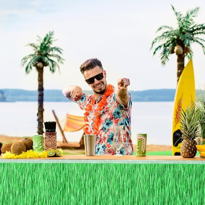 Fovths 4 Packs Luau Grass Table Skirt Fringe Straw Green Grass Skirt 108 x 30 Inch Hibiscus Hawaiian Table Skirts Rectangle Tropical Luau Party Decorations for Hawaiian Decorations