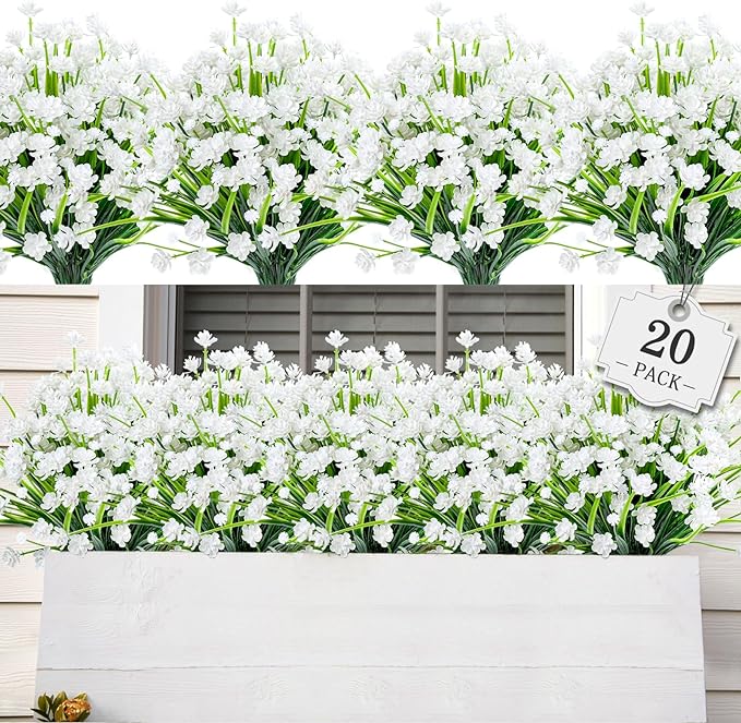 AmyHomie 20 Bundles Artificial Flowers for Outdoor Outside Spring Summer Decoration UV Resistant Faux Flowers No Fade Fake Plastic Plants Garden Porch Window Box Decorating (Pure White)