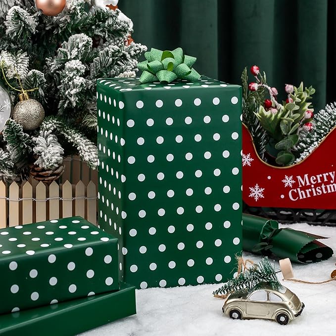 Flyhill Green Wrapping Paper Roll,Reversible Gift Wrap Paper with Polka Dot Design for Birthday,Christmas,Holiday,Party(17 Inch X 32.8 Feet)