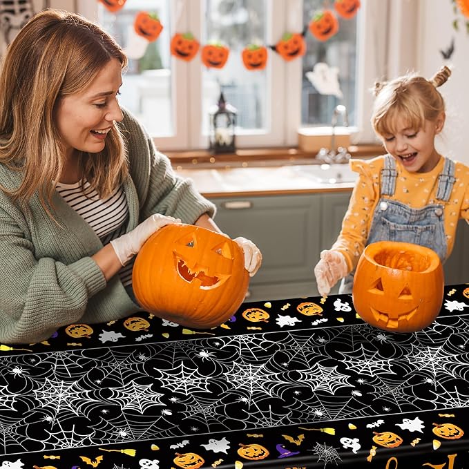 QZYL 4 Pack Halloween Tablecloth, 54" x 108" Halloween Decorations, Pumpkin Design Disposable Tablecover Plastic Table Cloth, Spider Webs Decorations Party Supplies Tableware Indoor