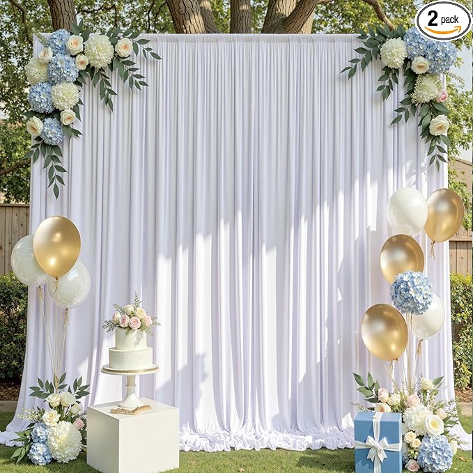 10x10ft Wrinkle Free White Backdrop Curtains for Party Background, 2 Panels 5x10ft Silky Polyester Photo Backdrop Drapes Back Drop Cloth for Wedding Birthday Photography Baby Shower Decor
