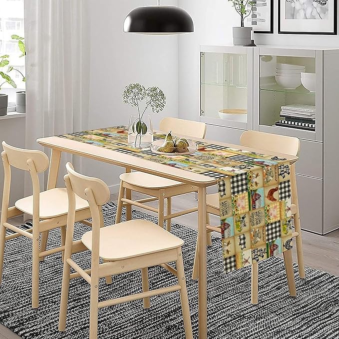 Farmhouse Animals Table Runner,Rustic Cabin Pig Chicken Cow Sunflowers Geometric Grids Burlap for Hotel Indoors Outdoor Dining Room Kitchen Holiday Party, 13x108in